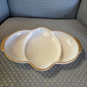 Vintage Anchor Hocking Fire-King milk glass divided relish dish with gold trim.